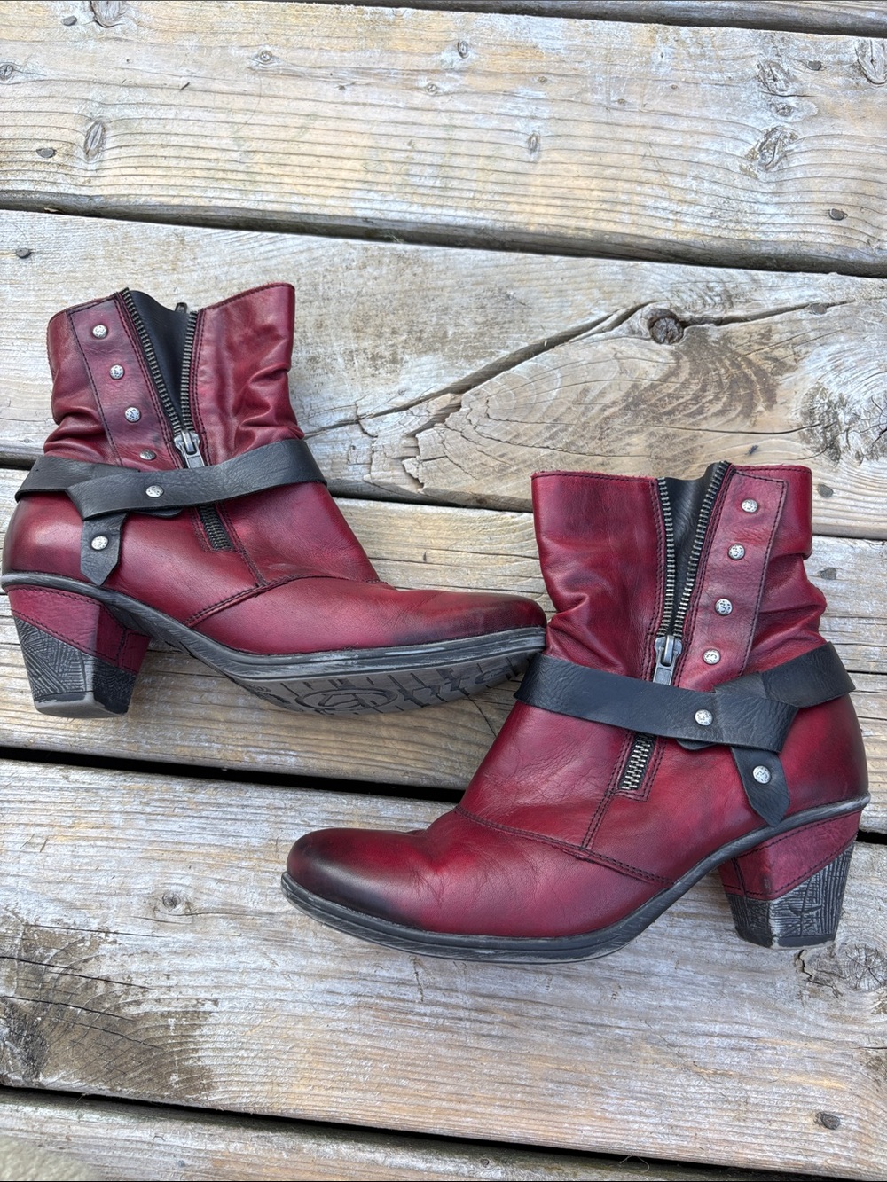Remonte Women's Red Leather Ankle Boots with Zip and Strap size 37
